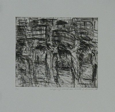 Click the image for a view of: David Koloane. Shopping across the border. 2009. Etching. 390X408mm